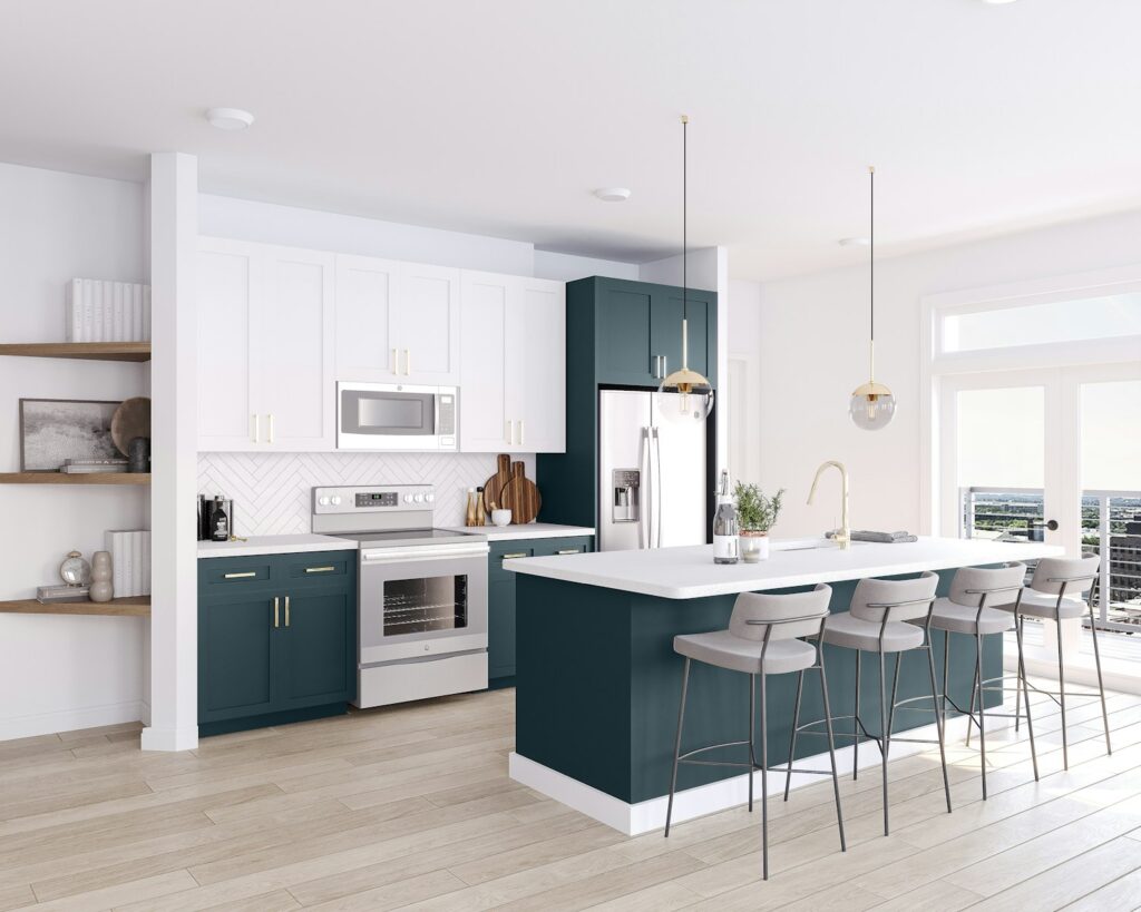 a large kitchen with a center island and bar stools