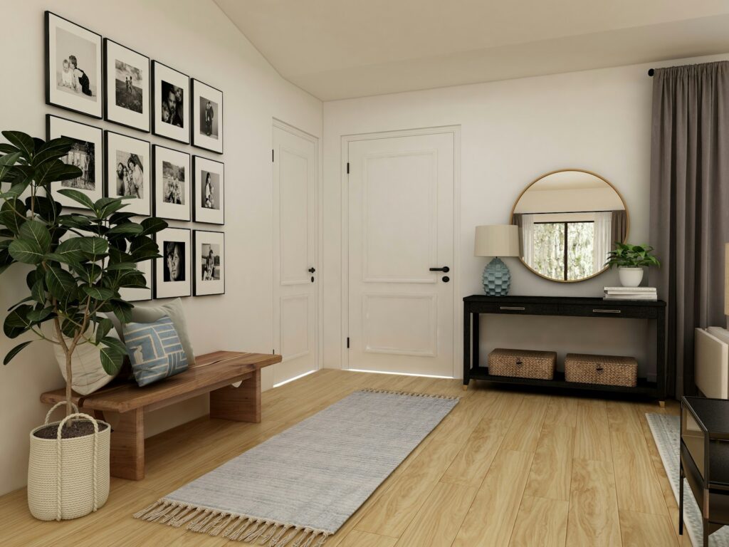 brown wooden coffee table over lamiante flooring near white wooden door
